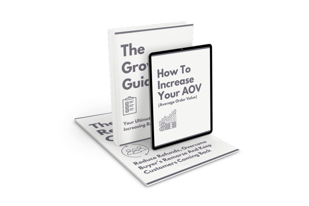 Close-up of three Digital Business Growth Toolkit resources – The Growth Guide, How to Increase Your Average Order Value (AOV), and The Retention Cheat Sheet – shown as a 3D book and tablet mockup.