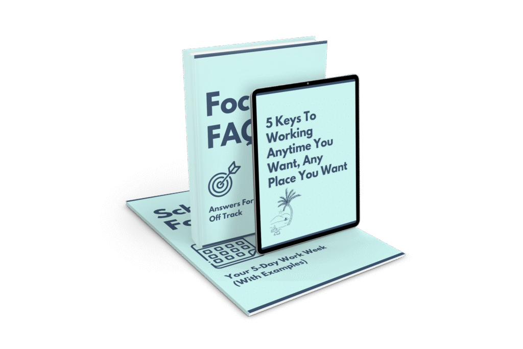 Close-up mockup of Successpreneur Toolkit showing ‘Focus FAQs,’ ‘5 Keys To Working Anytime You Want, Any Place You Want,’ and ‘Schedule For Success’ resources in book and tablet formats on a light blue background.