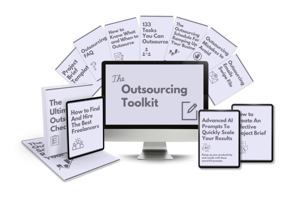 Outsourcing Toolkit bundle featuring 11 business resources including checklists, templates, swipe files, and AI prompts to help hire freelancers faster.