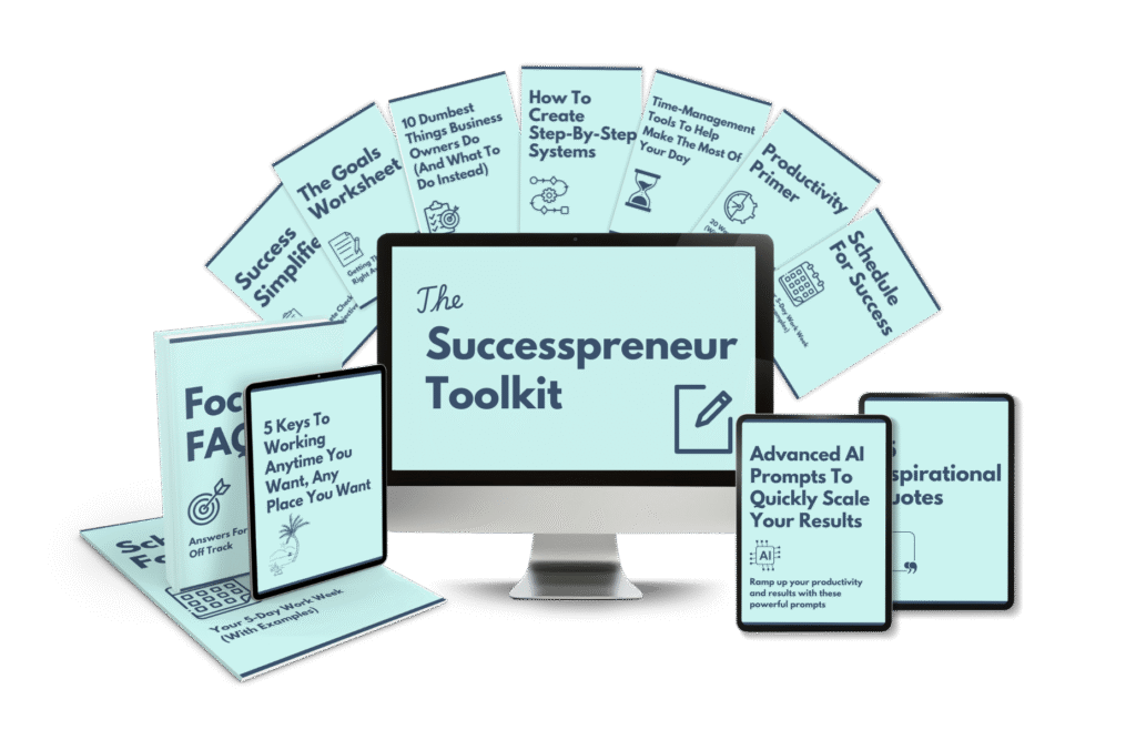 Successpreneur Toolkit complete digital product mockup featuring guides, checklists, and templates on productivity, focus, goal setting, time management, business mistakes to avoid, inspirational quotes, and AI prompts for scaling results. Displayed on books, tablet, and computer screen with light blue design theme.