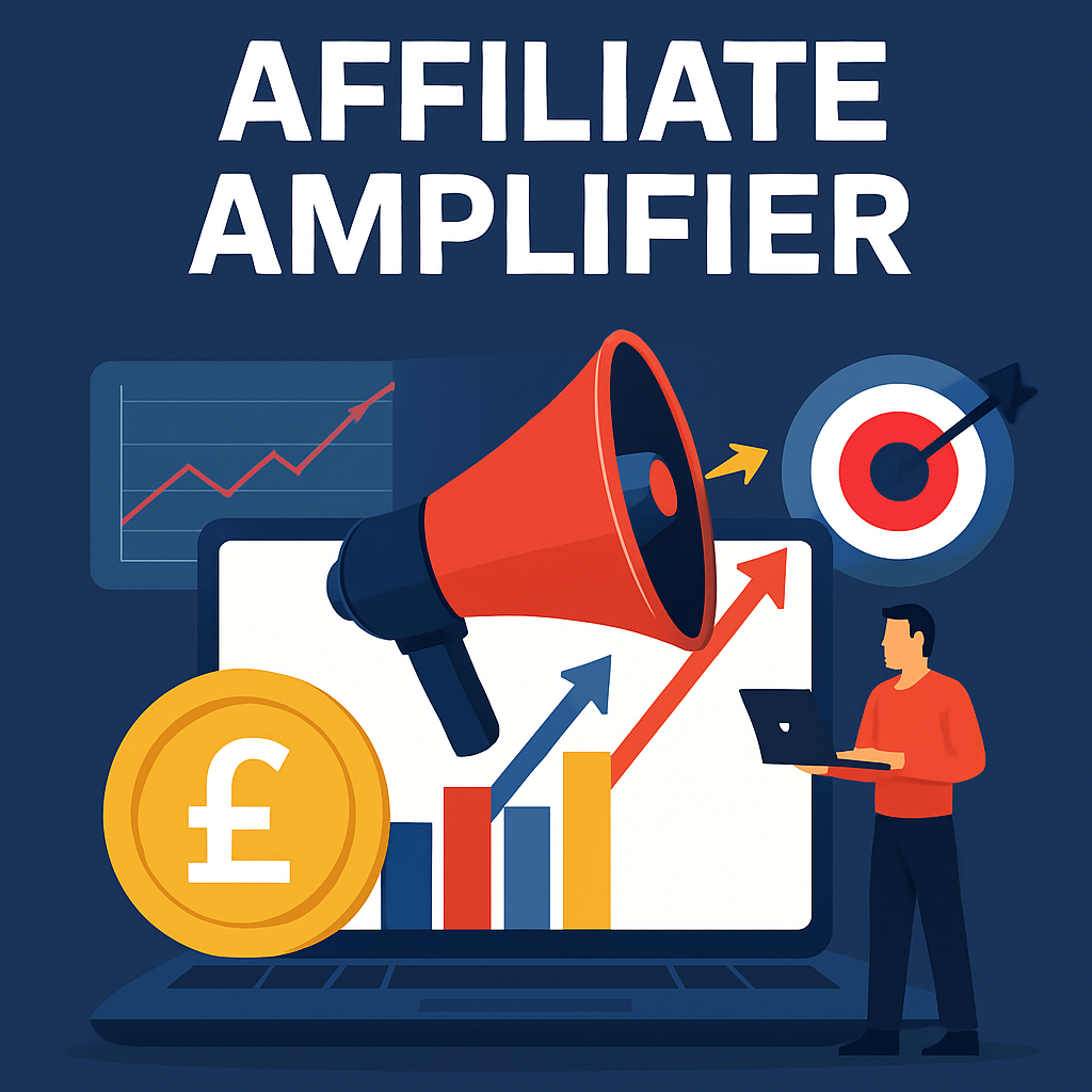 Illustration of Affiliate Amplifier concept with a laptop displaying a red megaphone, upward arrows, a gold pound sterling symbol, bar chart, and target, representing UK affiliate marketing growth.