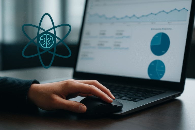 Close-up of a person’s hand using a mouse beside a laptop displaying analytics charts and graphs, with a digital AI brain and atom icon overlayed on the left side.