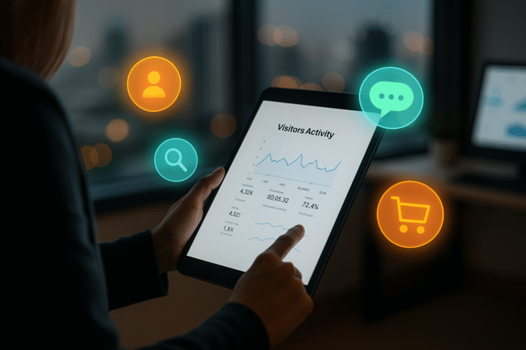 Person holding a tablet displaying visitor analytics charts and graphs, with glowing digital marketing icons including search, chat, user, and shopping cart floating around in a dimly lit office environment.