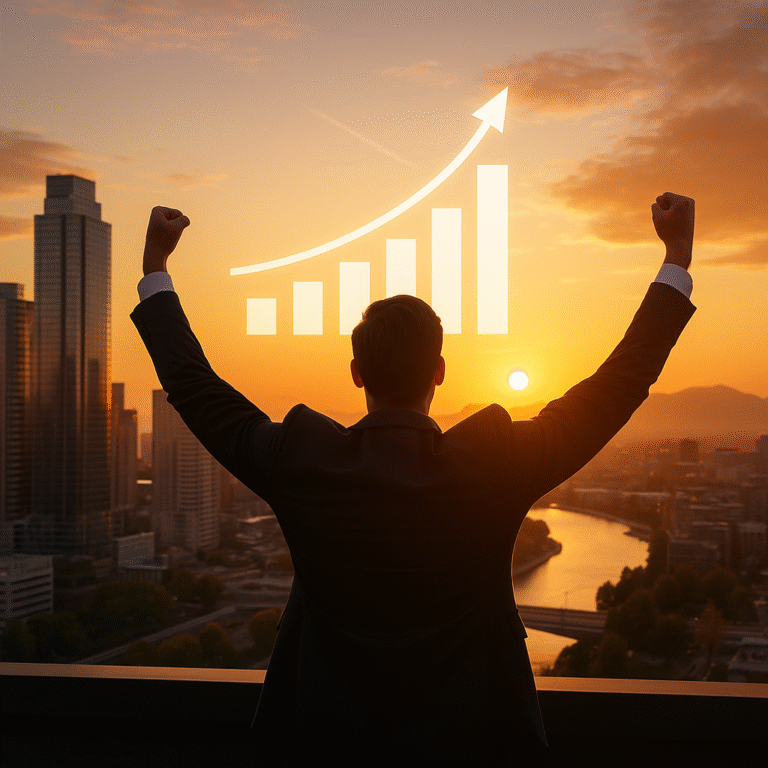 Businessman in a suit standing on a balcony at sunset with arms raised in triumph, overlooking a city skyline, with a glowing upward-trending bar chart symbolising success.