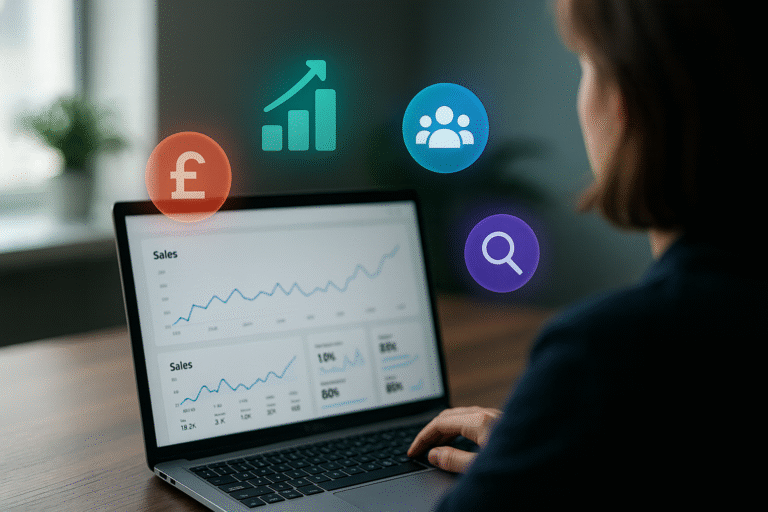 Woman working on a laptop displaying sales analytics graphs, with floating digital icons including a pound sterling symbol, growth chart, group of people, and search magnifying glass.