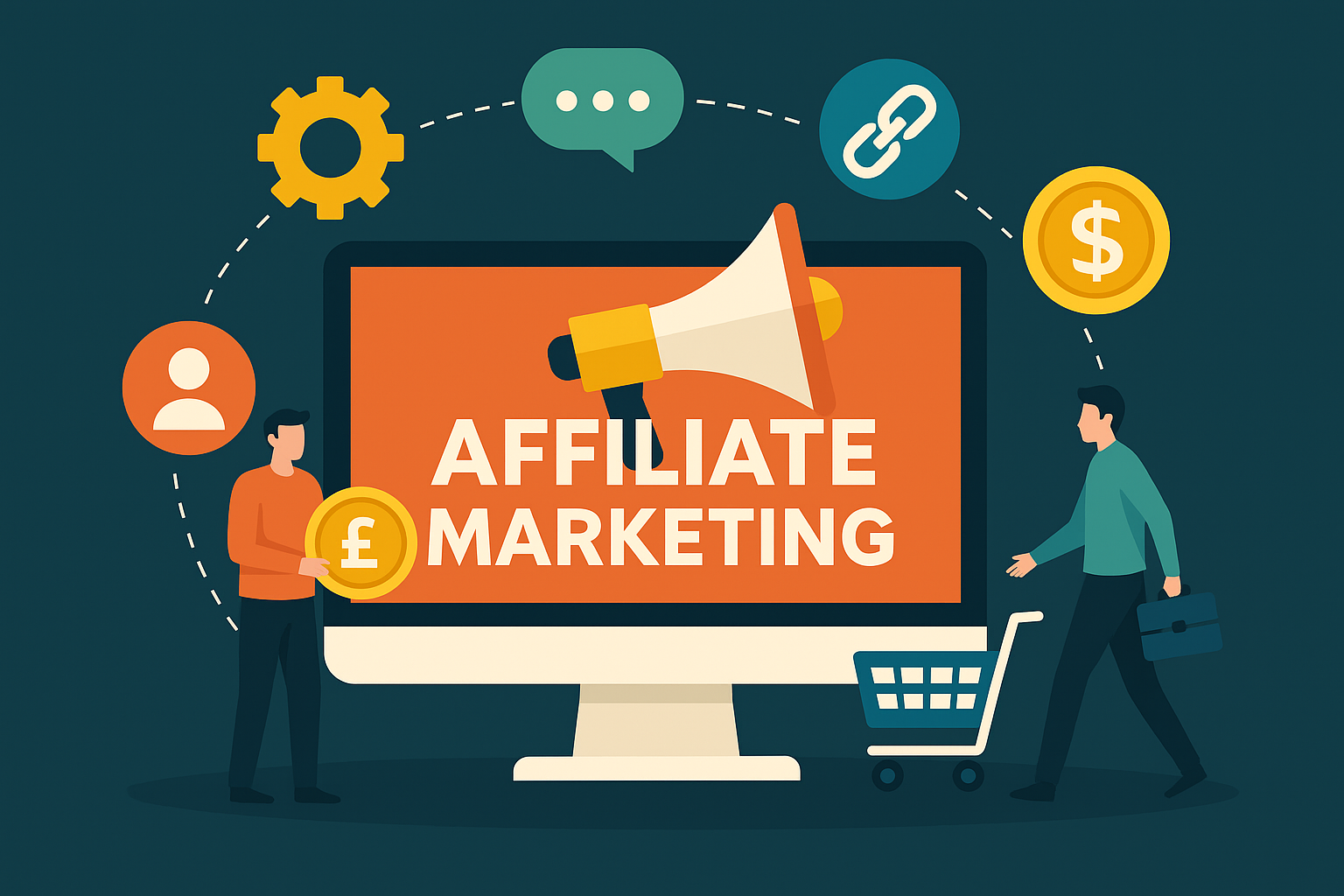 Flat-style digital illustration showing two people interacting with affiliate marketing concepts, including a large computer monitor, a megaphone, pound sterling coin, shopping cart, and various marketing icons connected by dotted lines.